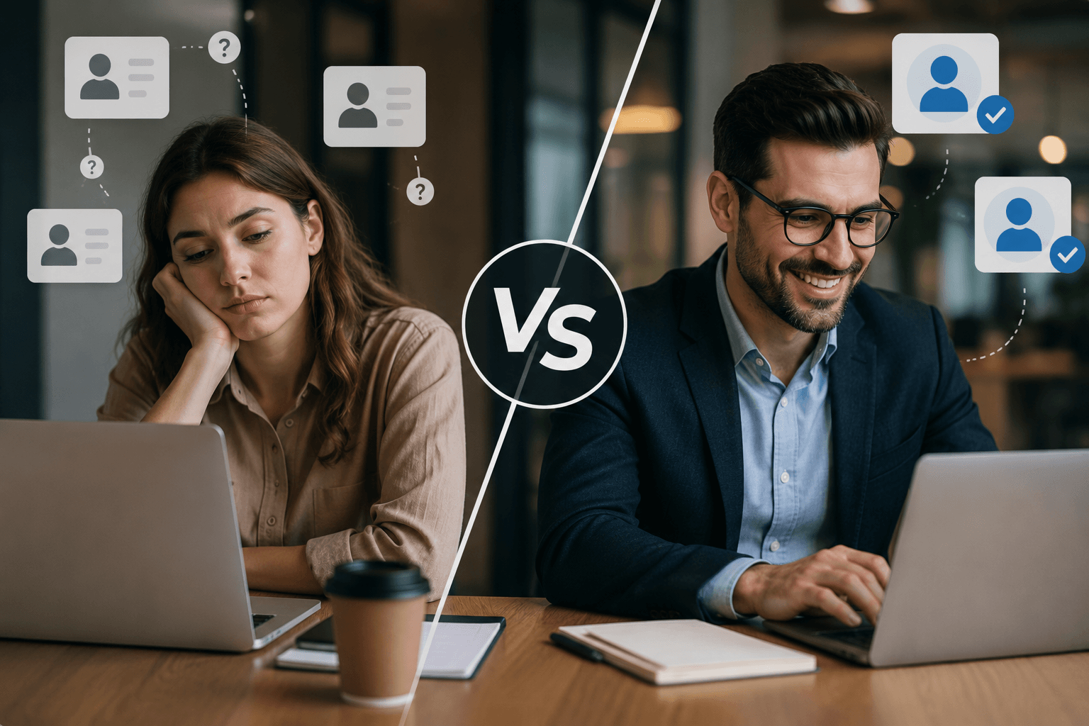 Split-screen comparison of a lead vs. prospect, illustrating unqualified leads and qualified buyers in the sales qualification process.